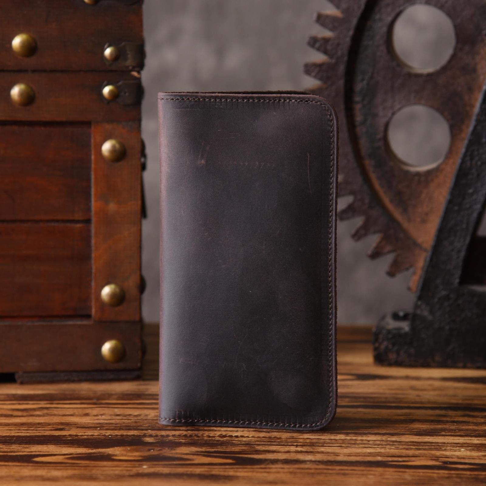 Handmade Leather Mens Cool Long Leather Wallet Slim Phone Clutch Wallet for Men