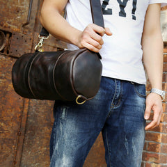 Genuine Leather Mens Bucket Bag Round Circle Bag Cool Weekender Bag Travel Bag Duffle Bags Overnight Bag Holdall Bag for men