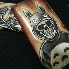 Handmade Leather Skull Totoro Tooled Mens Long Wallet Cool Leather Wallet Clutch Wallet for Men