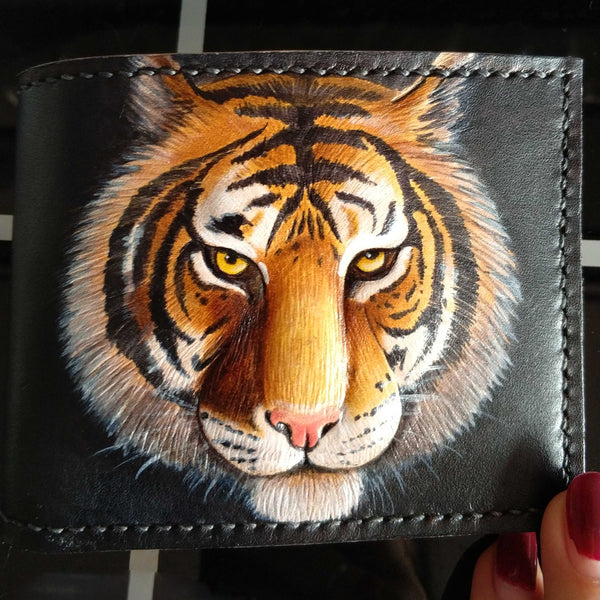 Handmade Leather Tiger Tooled Mens billfold Wallet Cool Leather Wallet Slim Wallet for Men