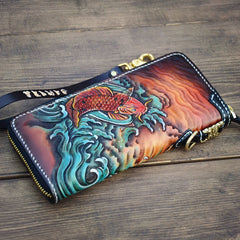Handmade Leather Carp Mens Chain Biker Wallet Cool Leather Wallet Long Phone Wallets for Men