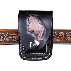 Cool Coffee Leather Mens Engraved Tiger Cigarette Holder Case lighter Holder for Men - iwalletsmen