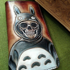 Handmade Leather Skull Totoro Tooled Mens Long Wallet Cool Leather Wallet Clutch Wallet for Men