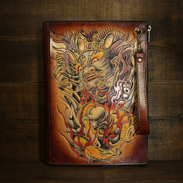 Handmade Leather Tooled Mens Cool Long Leather iPad Bag Wristlet Clutch Wallet for Men