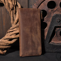 Handmade Leather Mens Cool Long Leather Wallet Zipper Clutch Wallet for Men
