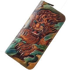 Handmade Leather Chinese Lion Tooled Mens Long Wallet Cool Leather Wallet Clutch Wallet for Men
