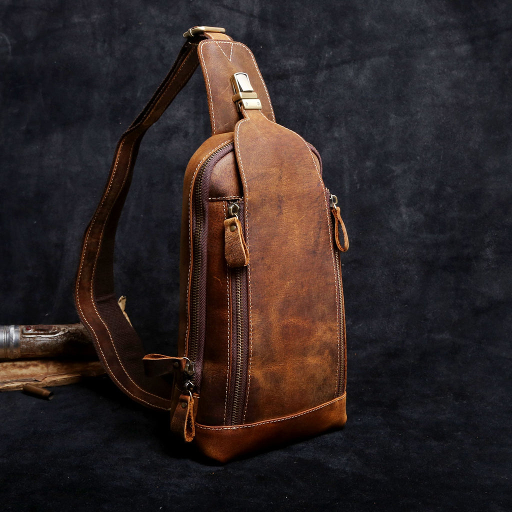 cross body bag for travel for men Handmade Leather Mens Cool Chest Bag Sling Bag Crossbody Bag Travel Ba – iwalletsmen