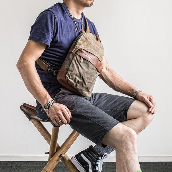 Canvas Leather Mens Cool Chest Bag Sling Bag Crossbody Bag Travel Bag Hiking Bag for men - iwalletsmen