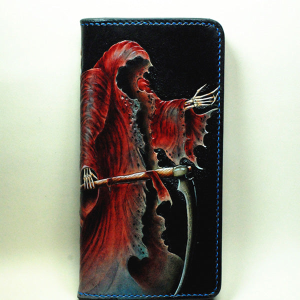 Handmade Leather The Death Tooled Mens Long Wallet Cool Leather Wallet Clutch Wallet for Men