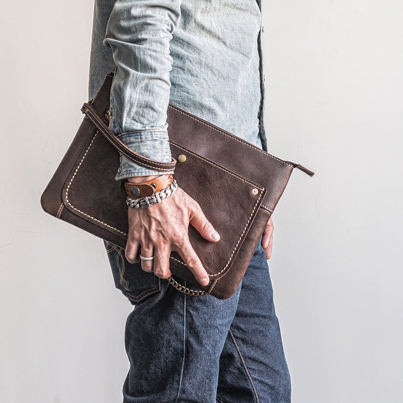 Handmade Leather Mens Cool Long Leather ipad bag Bifold Clutch Wallet for Men - iwalletsmen