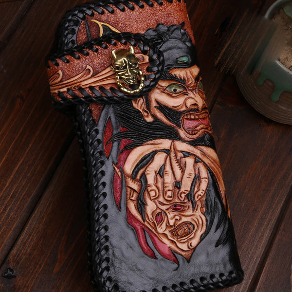 Handmade Mens Cool Tooled Zhong Kui demon Leather Chain Wallet Biker Trucker Wallet with Chain - iwalletsmen