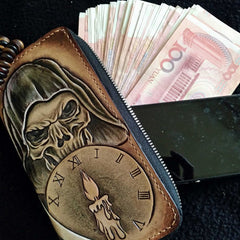 [On Sale]Handmade Leather Skull Death Tooled Mens Long Wallet Cool Leather Wallet Clutch Wallet for Men