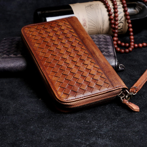 Handmade Leather Mens Cool Long Leather Wallet Card Wallet Clutch Wristlet Wallet for Men