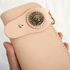 Handmade Mens Leather Biker Chain Wallets Cool Beige Long Biker Wallet with Chain - iwalletsmen