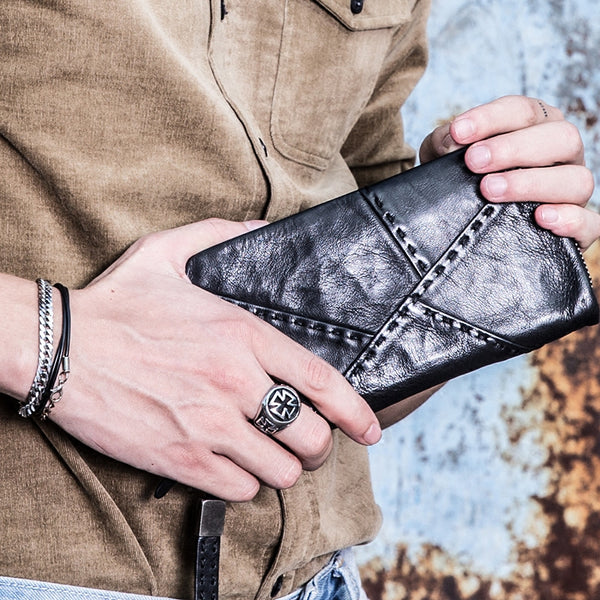 Handmade Mens Cool Long Leather Chain Wallet Cards Biker Trucker Wristlet Wallet - iwalletsmen