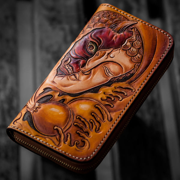 Handmade Leather Mens Clutch Wallet Cool Buddha&Demon Tooled Wallet Long Zipper Wallets for Men