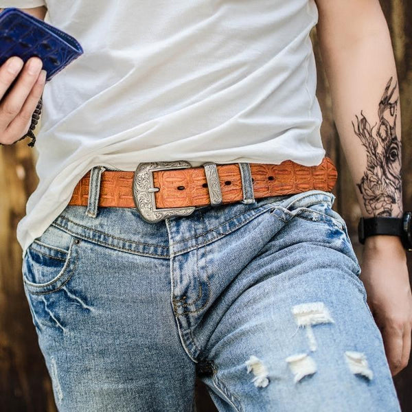 Handmade Genuine Leather Punk Rock Floral Mens Cool Men Biker Trucker Leather Belt