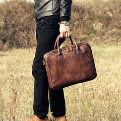 Genuine Leather Mens Vintage Dark Brown Briefcase Shoulder Bag Work Bag Laptop Bag Business Bag for Men