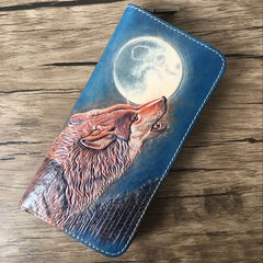 Handmade Leather Wolf Tooled Mens Long Wallet Cool Leather Wallet Clutch Wallet for Men