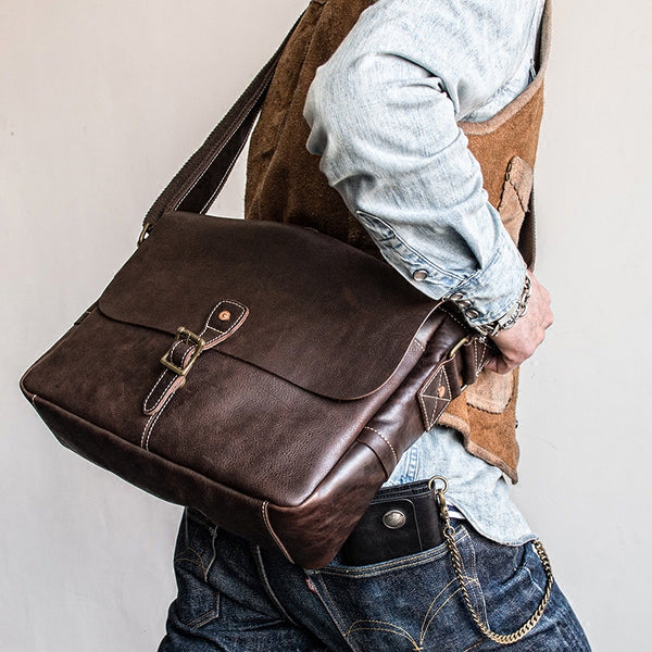 Genuine Leather Mens Messenger Bag Briefcase Laptop Bag Bike Bag Cycling Bag for men - iwalletsmen