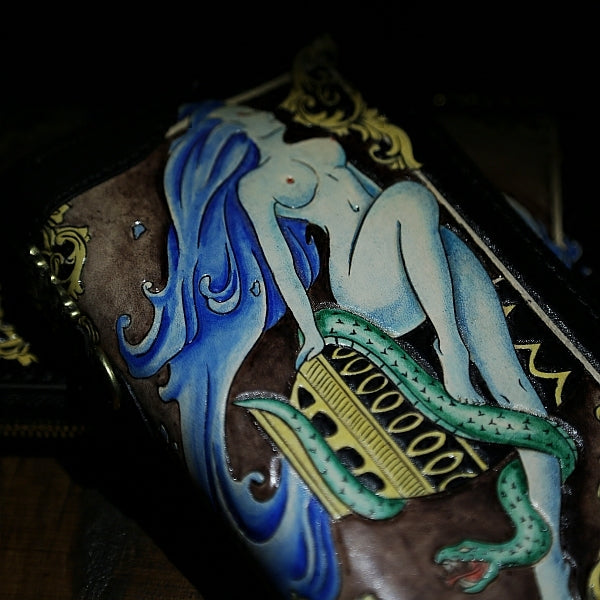 Handmade Leather Tooled Constellation Aquarius Biker Wallet Mens Cool Chain Wallet Trucker Wallet with Chain