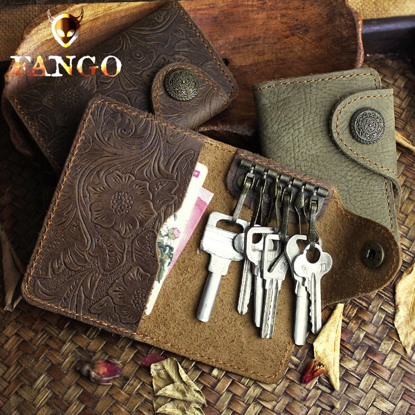 Handmade Leather Floral Mens Cool Key Wallet Wallet Card Holder Small Card Keychain Wallets for Men