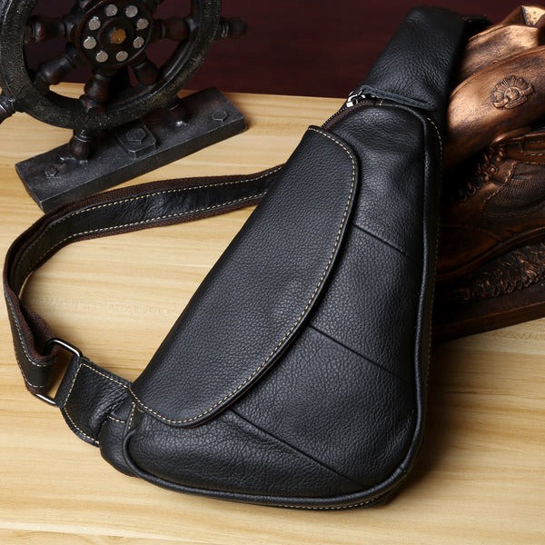 Small Black Leather Chest Bag Sling Bag Mens Small Crossbody Sling Bag Leather One Strap Backpack