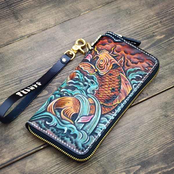 Handmade Leather Carp Mens Chain Biker Wallet Cool Leather Wallet Long Phone Wallets for Men
