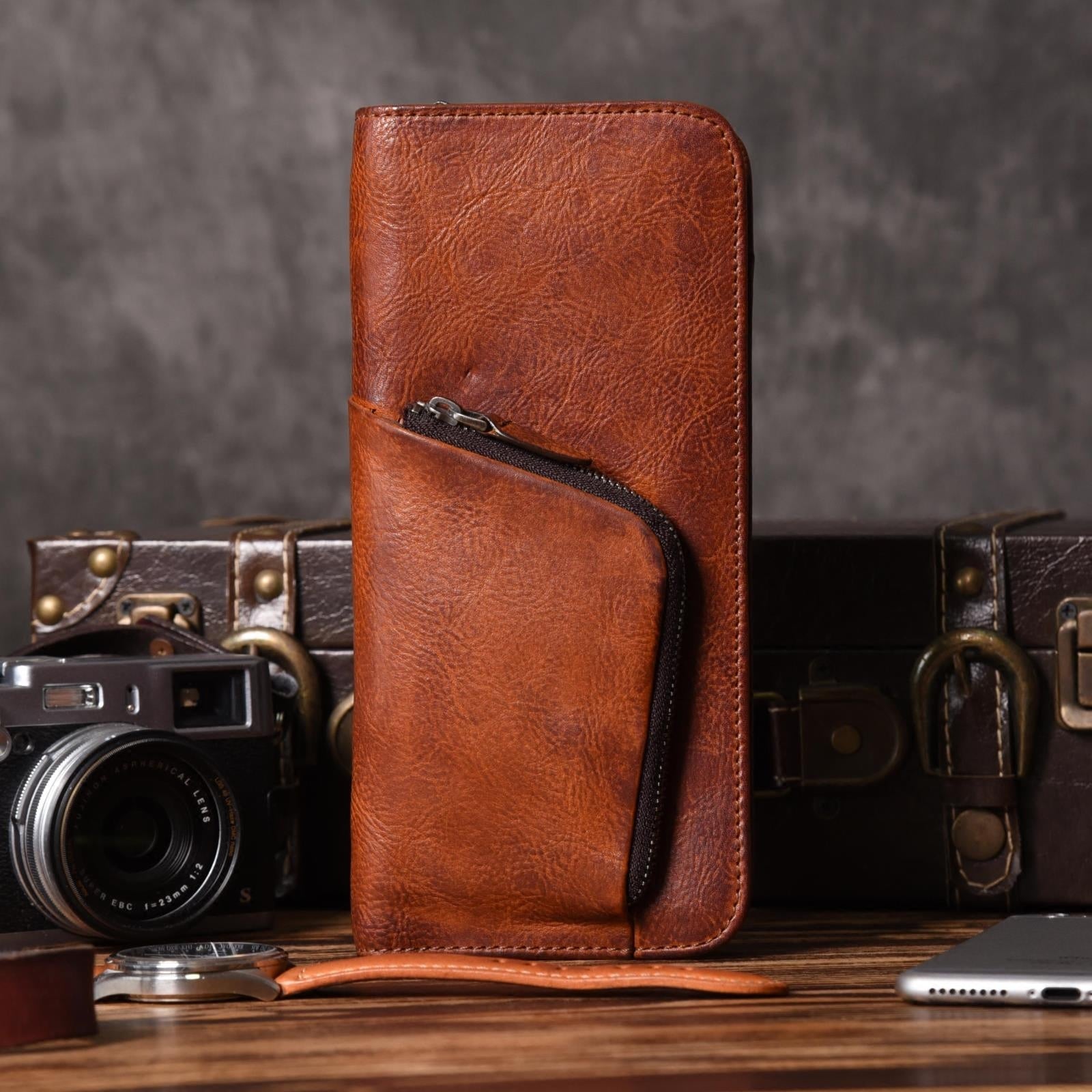 Handmade Leather Mens Cool Long Leather Wallet Zipper Phone Clutch Wallet for Men