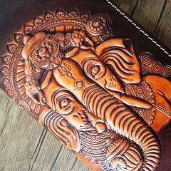 Handmade Leather Ganesha Tooled Mens Long Wallet Cool Leather Wallet Clutch Wallet for Men