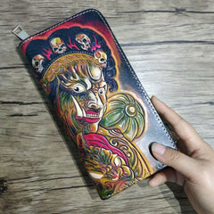 Handmade Leather Mahākāla Tooled Mens Long Wallet Cool Leather Wallet Clutch Wallet for Men