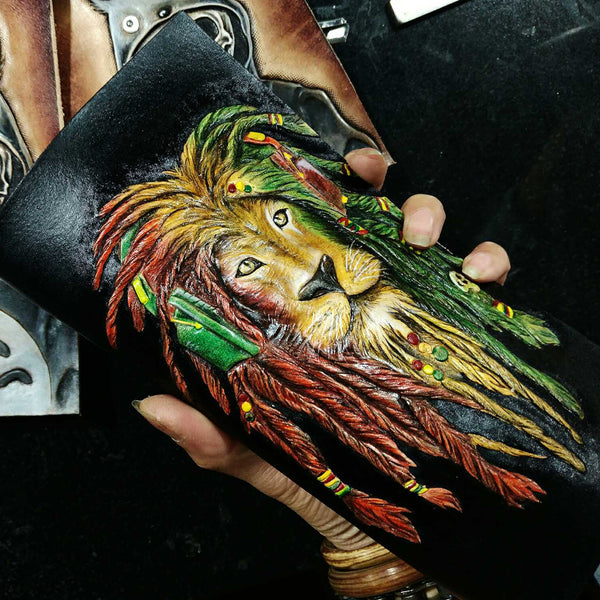 Handmade Leather Lion Tooled Mens Long Wallet Cool Leather Wallet Clutch Wallet for Men