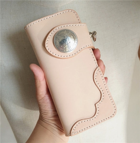 Handmade Beige Long Biker Wallet with Chain Cool Mens Leather Biker Chain Wallet - iwalletsmen