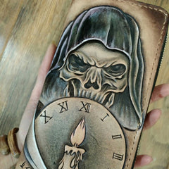 [On Sale]Handmade Leather Skull Death Tooled Mens Long Wallet Cool Leather Wallet Clutch Wallet for Men