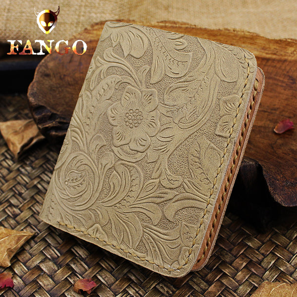 Handmade Leather Floral Mens Cool Slim Leather Wallet Men billfold Wallets Bifold for Men