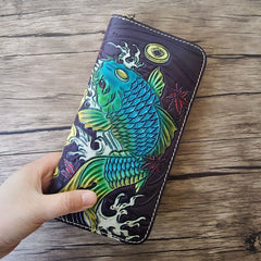 Handmade Leather Carp Tooled Mens Long Wallet Cool Leather Wallet Clutch Wallet for Men