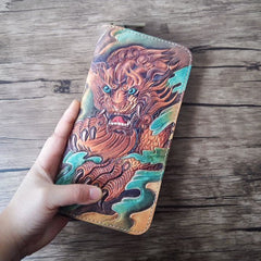 Handmade Leather Chinese Lion Tooled Mens Long Wallet Cool Leather Wallet Clutch Wallet for Men