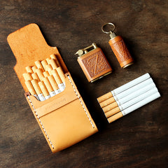 Cool Wooden Leather Mens 20pcs Cigarette Case Custom Beige Cigarette Holder for Men - iwalletsmen