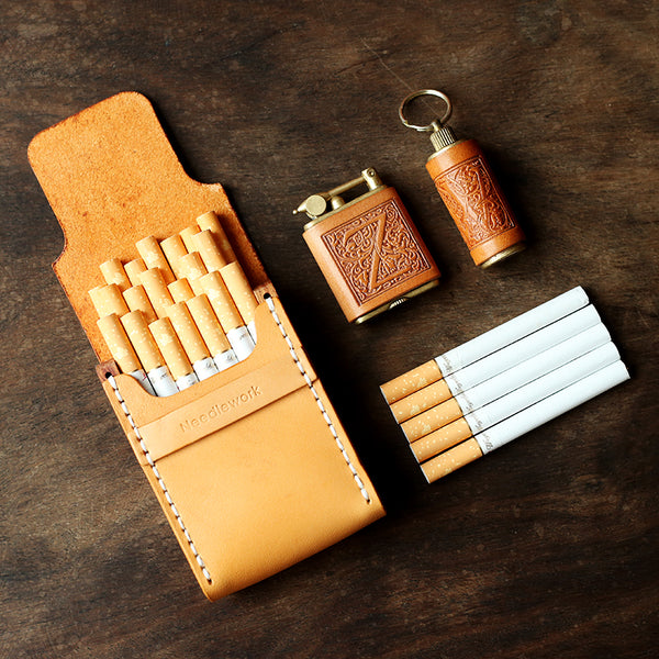 Cool Wooden Beige Leather Mens 20pcs Cigarette Case Custom Cigarette Holder for Men - iwalletsmen
