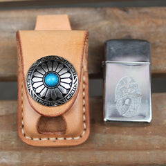 Cool Mens Leather Zippo Lighter Pouch with Loop Beige Zippo lighter case with Clip - iwalletsmen