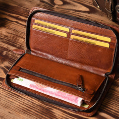 Handmade Leather Mens Cool Long Leather Wallet Zipper Phone Clutch Wallet for Men