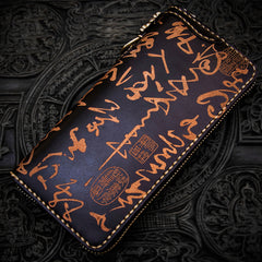 Handmade Leather Mens Chain Chinese Handwriting Biker Wallet Cool Leather Wallet Long Phone Wallets for Men