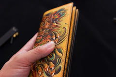 Handmade Leather Tooled Chinese Lion Mens Chain Biker Wallet Cool Leather Wallet With Chain Wallets for Men
