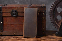 Handmade Leather Mens Cool Long Leather Wallet Zipper Clutch Wallet for Men
