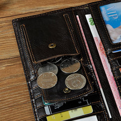 Genuine Leather Mens Trifold Wallet Coffee Long Wallet for Men with Multi Cards - iwalletsmen