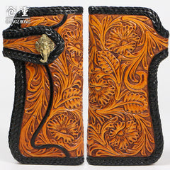 Handmade Mens Cool Tooled Floral Leather Chain Wallet Biker Trucker Wallet with Chain