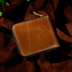 Handmade Leather Mens Cool Zipper Leather Wallet Card Wallet Men Small Wallets Bifold for Men