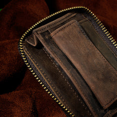 Handmade Leather Mens Cool Zipper Leather Wallet Card Wallet Men Small Wallets Bifold for Men