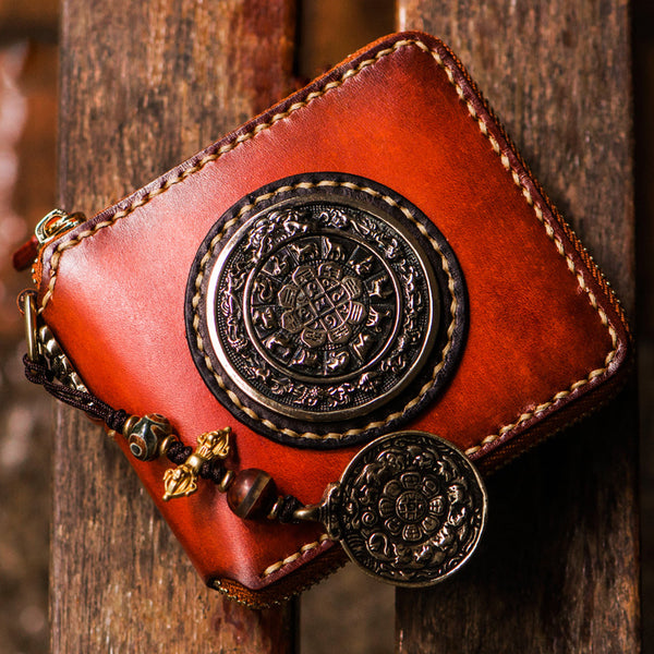 Handmade Leather Small Tibetan Tooled Mens billfold Wallet Cool Chain Wallet Biker Wallet for Men