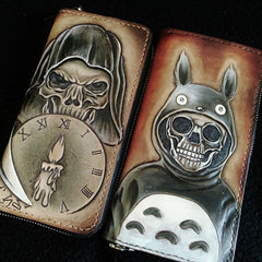 Handmade Leather Skull Totoro Tooled Mens Long Wallet Cool Leather Wallet Clutch Wallet for Men